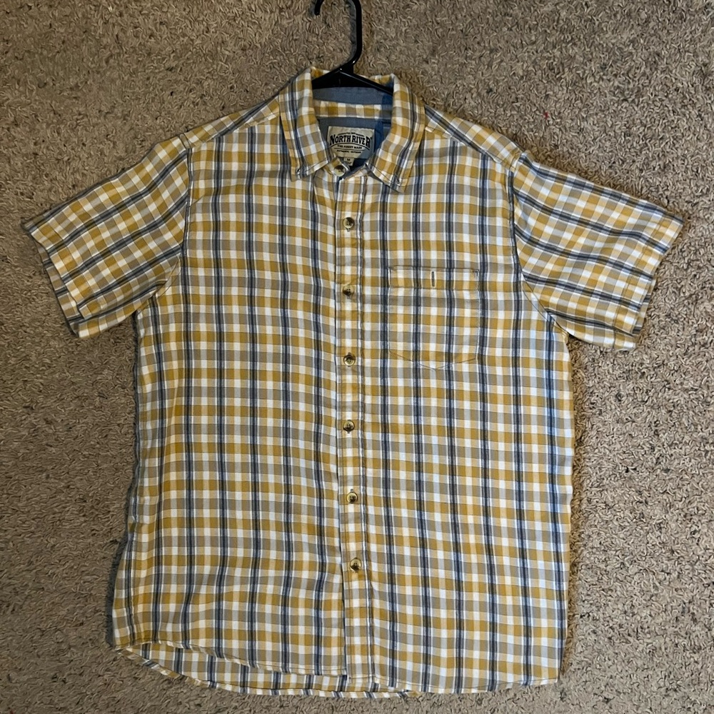 Yellow and Gray Casual Button Down Shirt with Plaid Pattern
